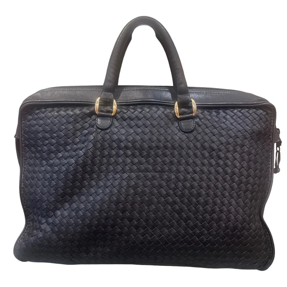 Vintage Ganson Woven Leather Satchel – Black Intrecciato Briefcase Bag
